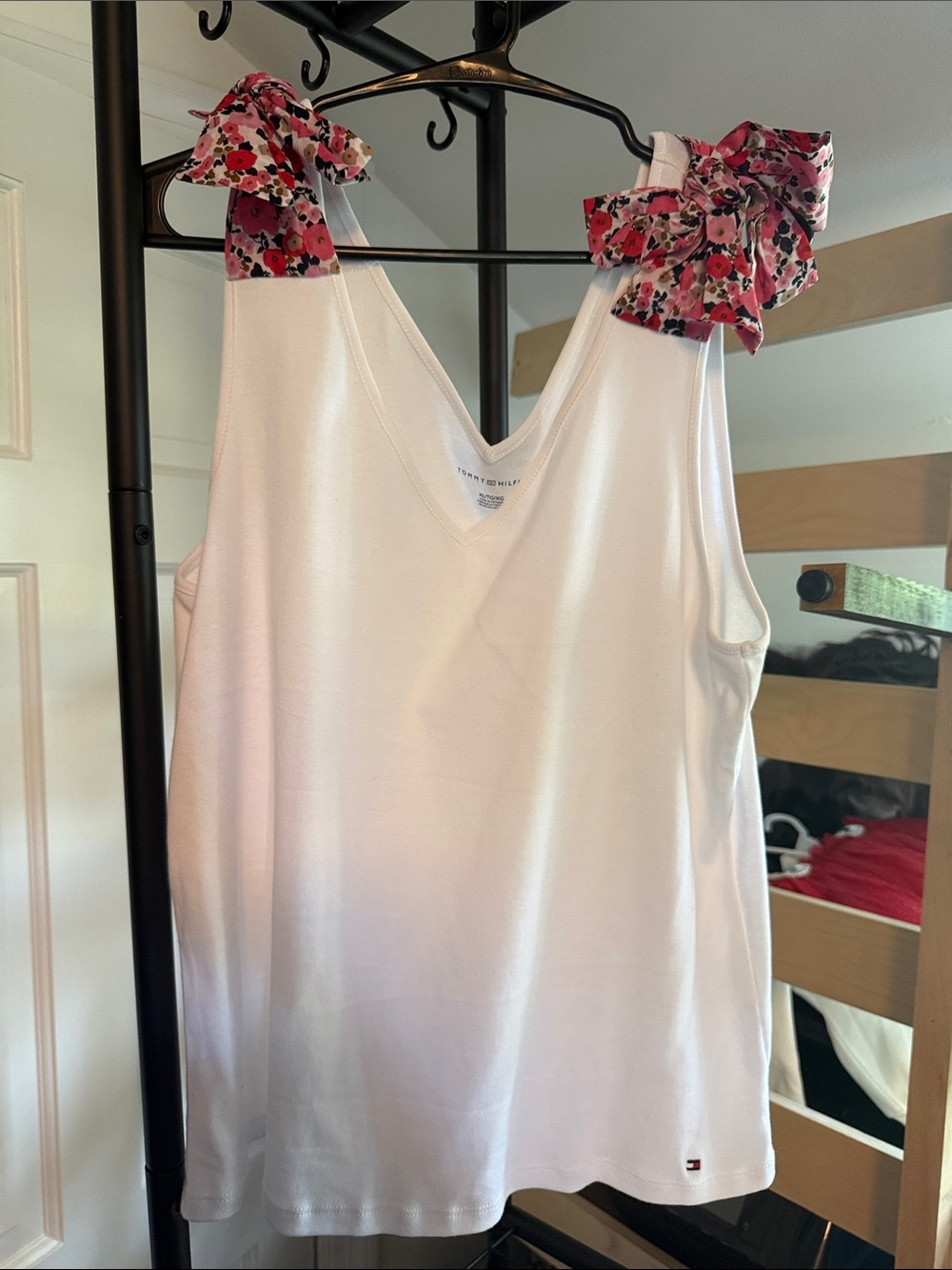 Tommy Hilfiger White V-Neck Tank with Pink Floral Tie Straps